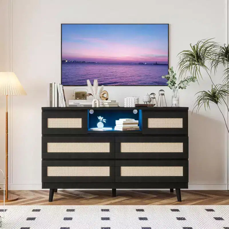 Commode et Meuble TV en rotin naturel à 6 tiroirs | Armoire de rangement pour chambre à coucher