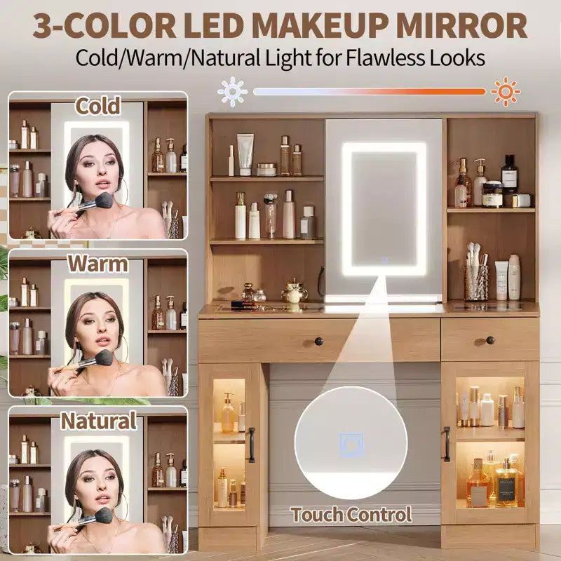 Grande Coiffeuse | Miroir coulissant, 3 lumières de couleur, Tiroirs et Ports de charge