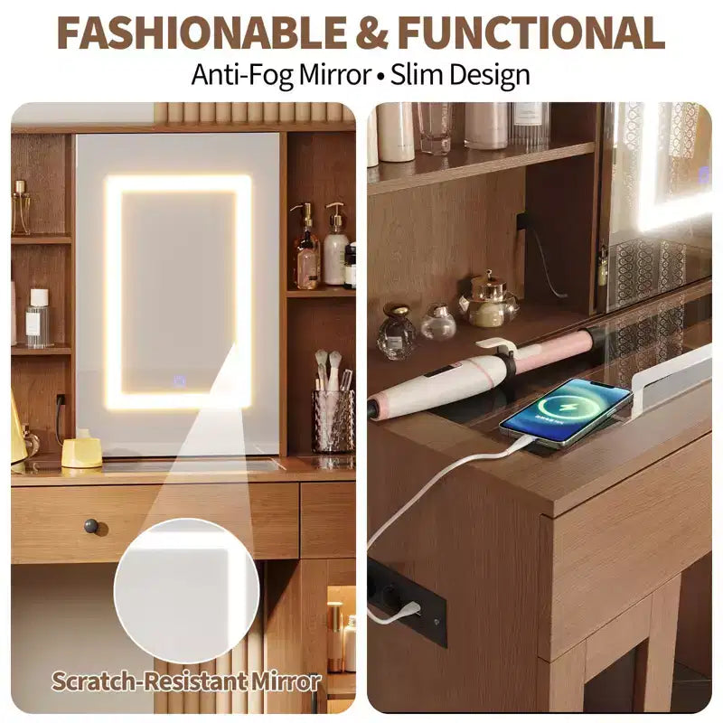 Grande Coiffeuse | Miroir coulissant, 3 lumières de couleur, Tiroirs et Ports de charge
