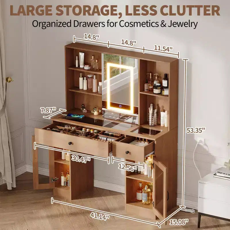 Grande Coiffeuse | Miroir coulissant, 3 lumières de couleur, Tiroirs et Ports de charge