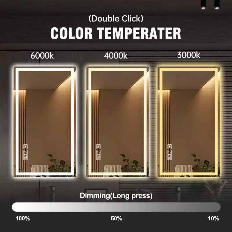 Miroir de salle de bain LED anti-buée 48" | 3 couleurs et 5 niveaux de gradation, bord droit